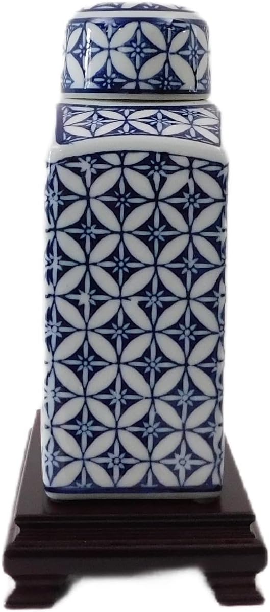 9" Blue and White Oriental Rectangular Tea Jar