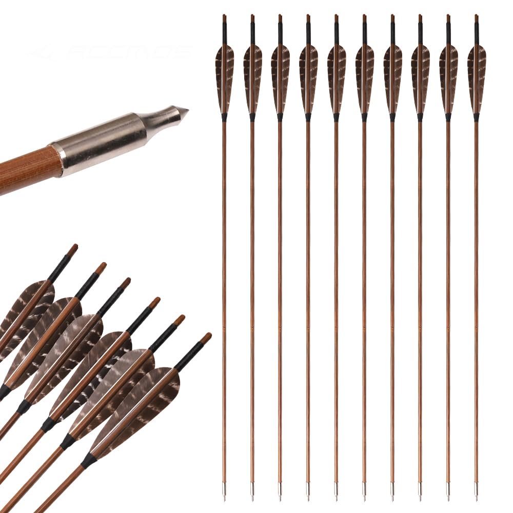 12 pz Frecce di bambù 33” Lunghezza Albero OD 7mm 8mm 5" Piuma di Tacchino Freccia de 2 Vane per Arco Ricurvo Tradizionale Arco Lungo Caccia Pratica di Tiro con L'Arco