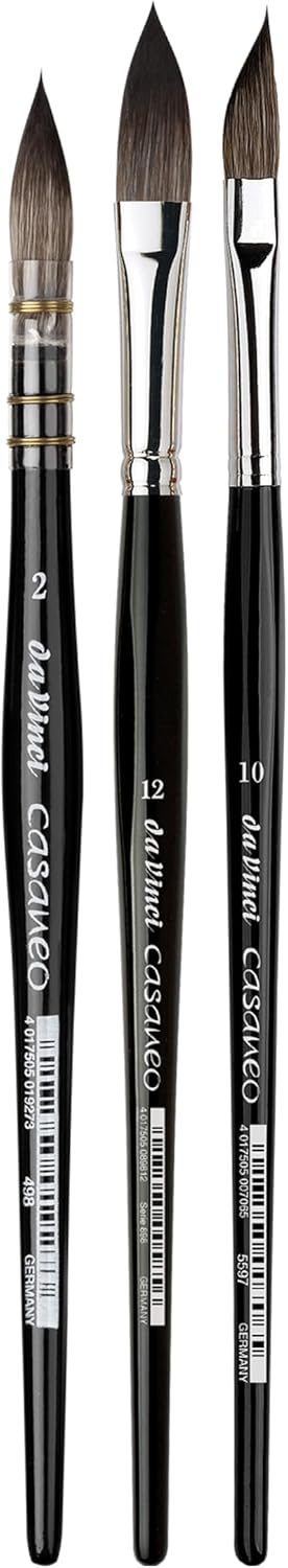 da Vinci Brushes 4250DV Watercolor Brush Set, Quill Size 2, Slant Size 10, Oval Size 12, Black 3 Each