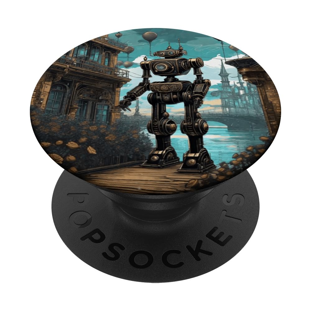 Retro Steampunk Robot n Roses Cute Trendy Industrial Cartoon PopSockets Swappable PopGrip, Black