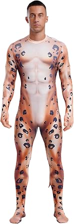 Mens Zentai Bodysuit Animal Print with Tail Halloween Party One Piece Long Sleeves Furry Catsuit