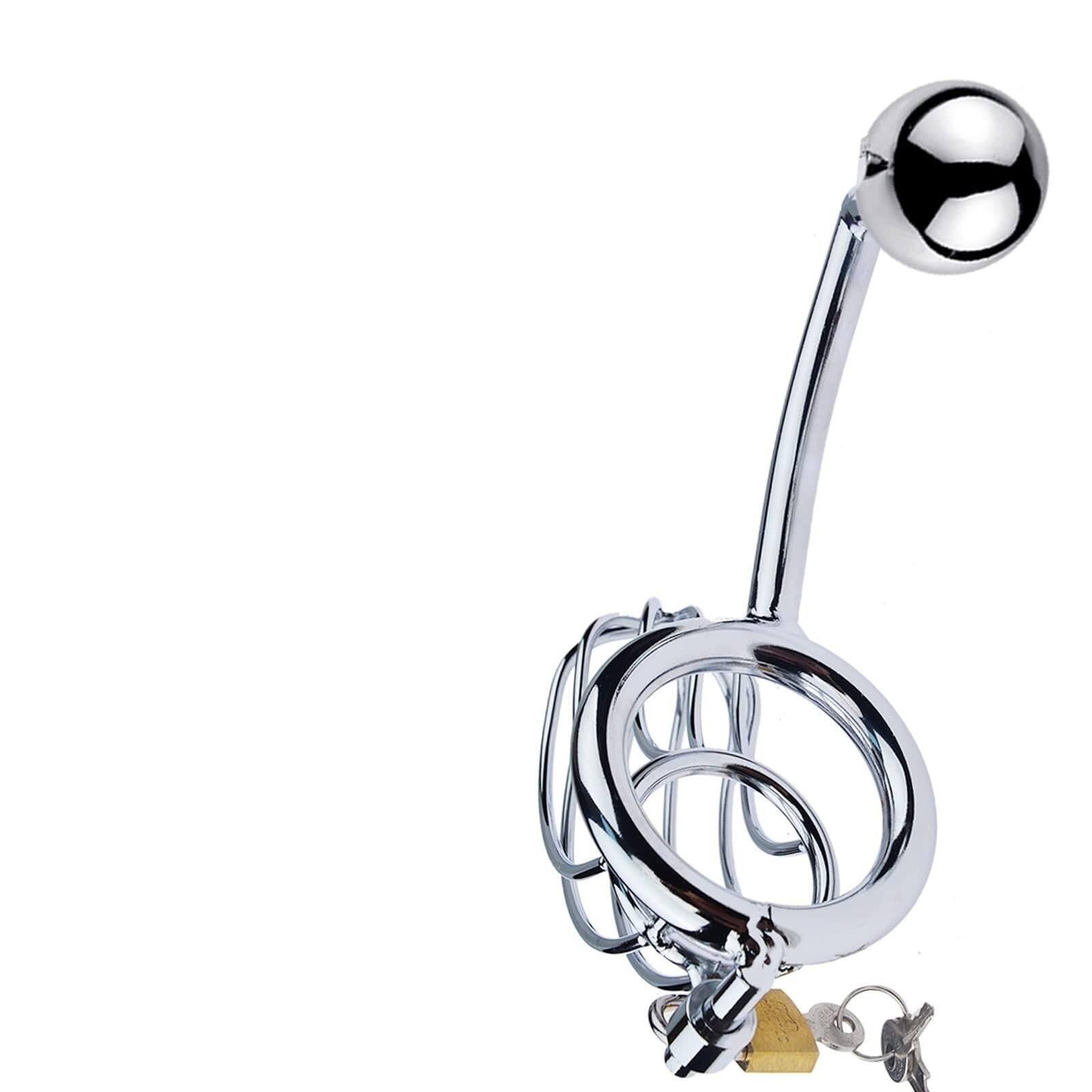 Gabbia per pene in acciaio inossidabile 2 in 1 con anelli per il pene BDSM Gabbia di castità in metallo con gancio anale Cintura di castità per uomo Dispositivo di castità Dilatatori(50mm)