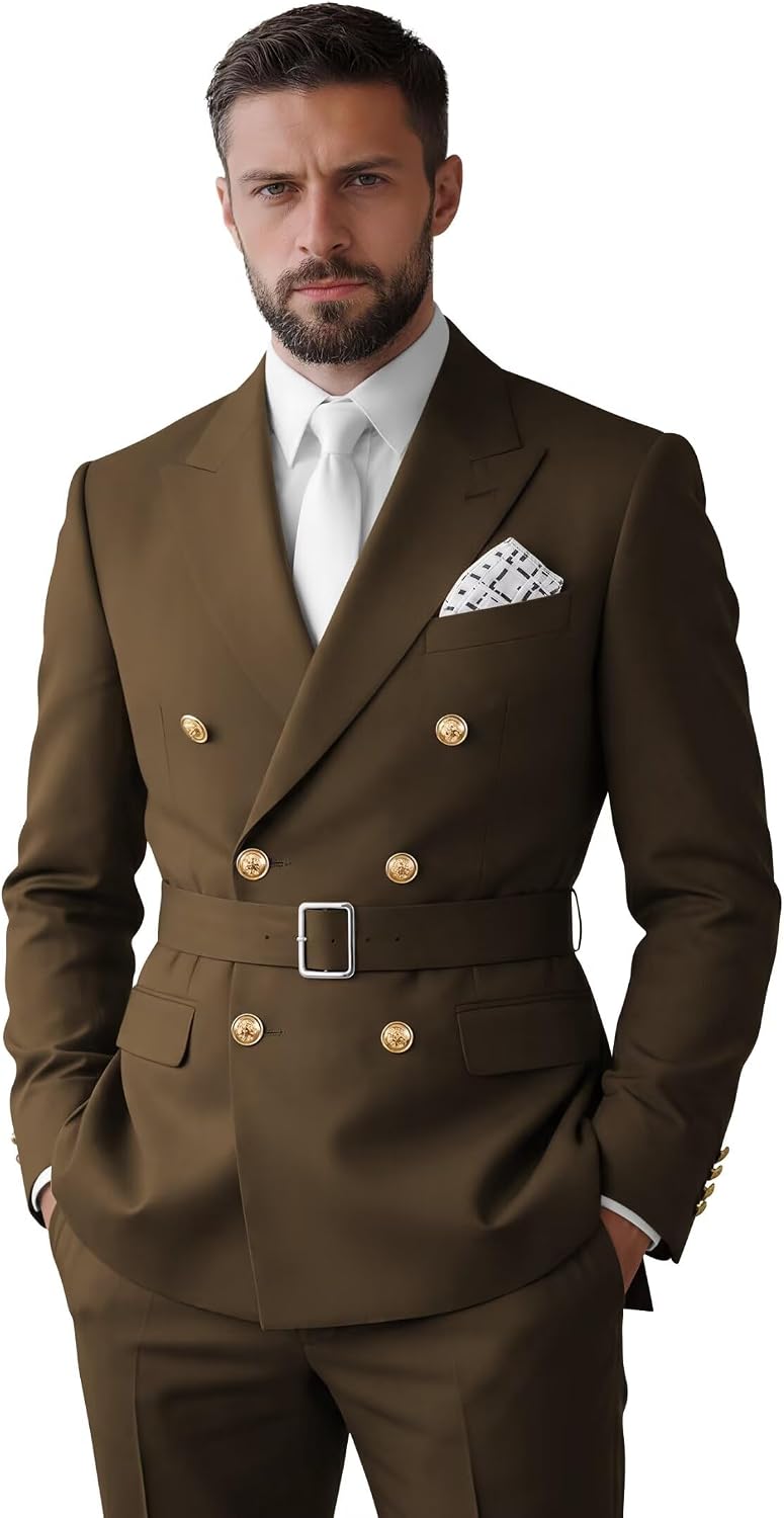 Men's 2 Piece Belted Suit Set Double Breasted Suits Men Outfit Jacket Blazer Pants for Wedding Party Travel
