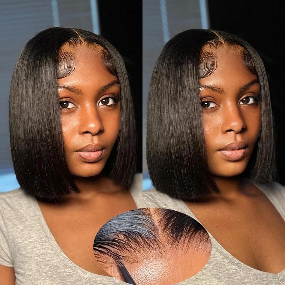 Short Bob Wig Human Hair Straight 8 inch Wear to Go 4x4 Lace Closure Bob Wigs Human Hair for Black Women Pre Plucked and Pre Cut Short Straight Bob Wig Human Hair No Glue Natural Black