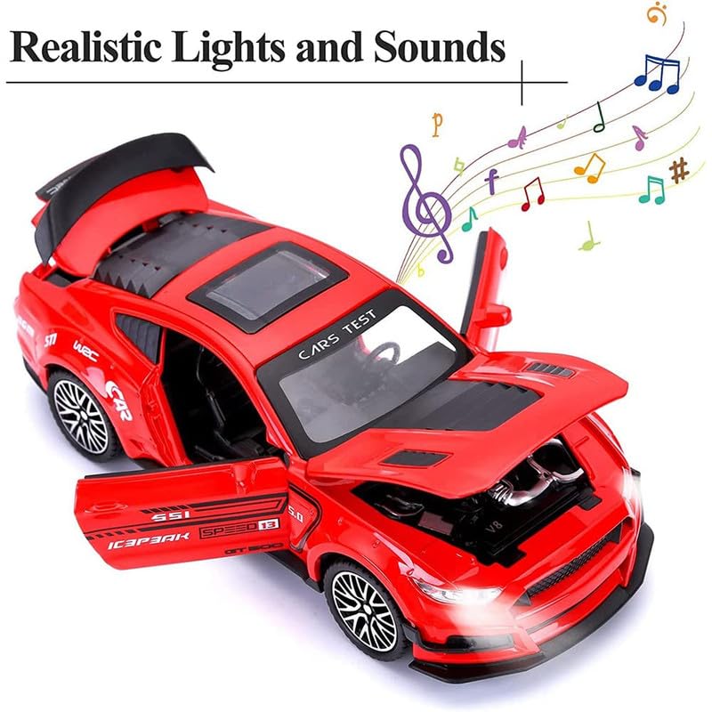 Image of PINQUE Kids New Car 1:32 Mastang Diecast Alloy Metal Pull Back Car with Openable Doors Music Sound and Light Vehicle Toy Car for Boys (Multicolor)