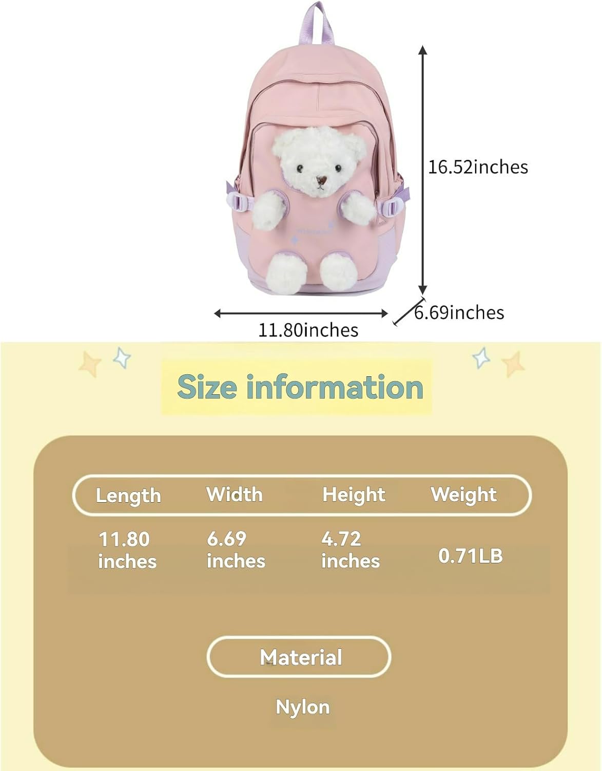 Cute Kawaii Detachable 3D-Bear Plush Nylon Backpack–Large Capacity & Lightweight for Adults Ita Bag (Yellow-Pink)