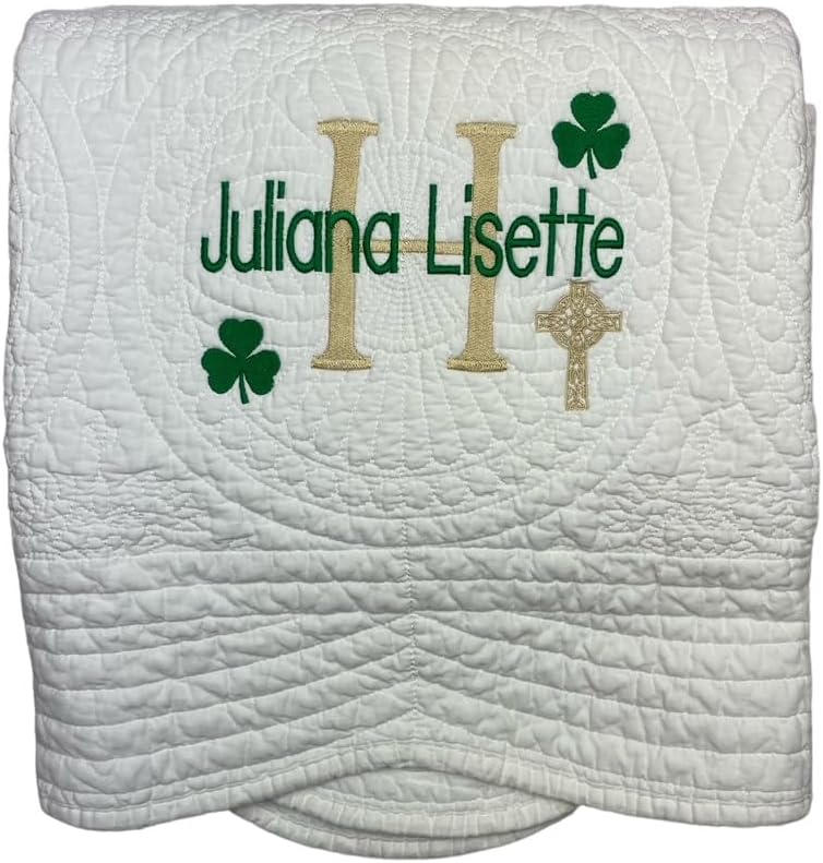 Personalized Baby White Quilt Irish Baptism Gifts Green Shamrock Monogrammed Blanket for Kids Baby Blankets Embroidered Baby Gifts Soft for Toddler Girl or boy Crib Size