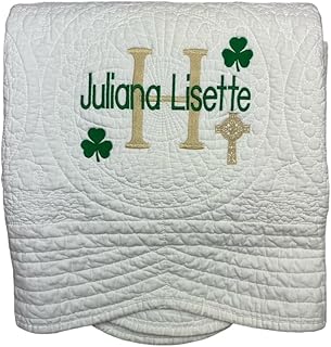 Personalized Baby White Quilt Irish Baptism Gifts Green Shamrock Monogrammed Blanket for Kids Baby Blankets Embroidered Baby Gifts Soft for Toddler Girl or boy Crib Size