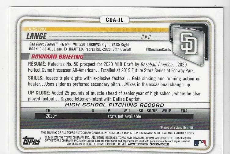 Justin Lange Autographed 1st Bowman Chrome Draft Collectible Baseball Card - 2020 Bowman Chrome Baseball Card #CDA-JL (Padres)