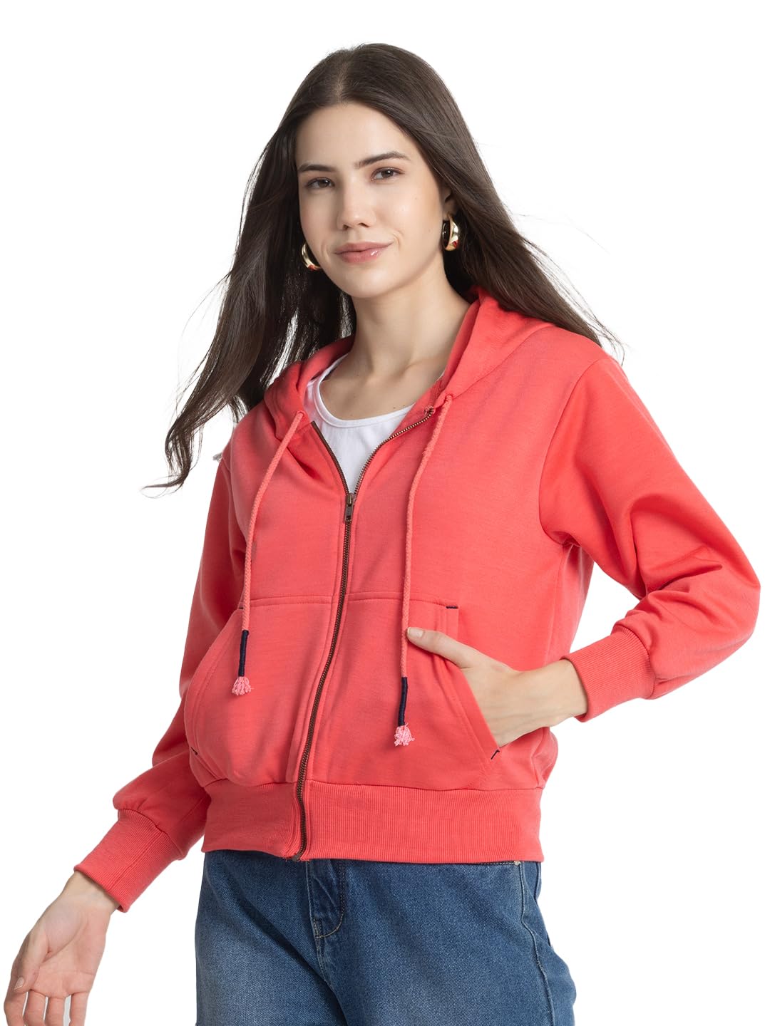 Coral Hood Neck Solid Full Sleeves Casual Jackets For Women-image-22