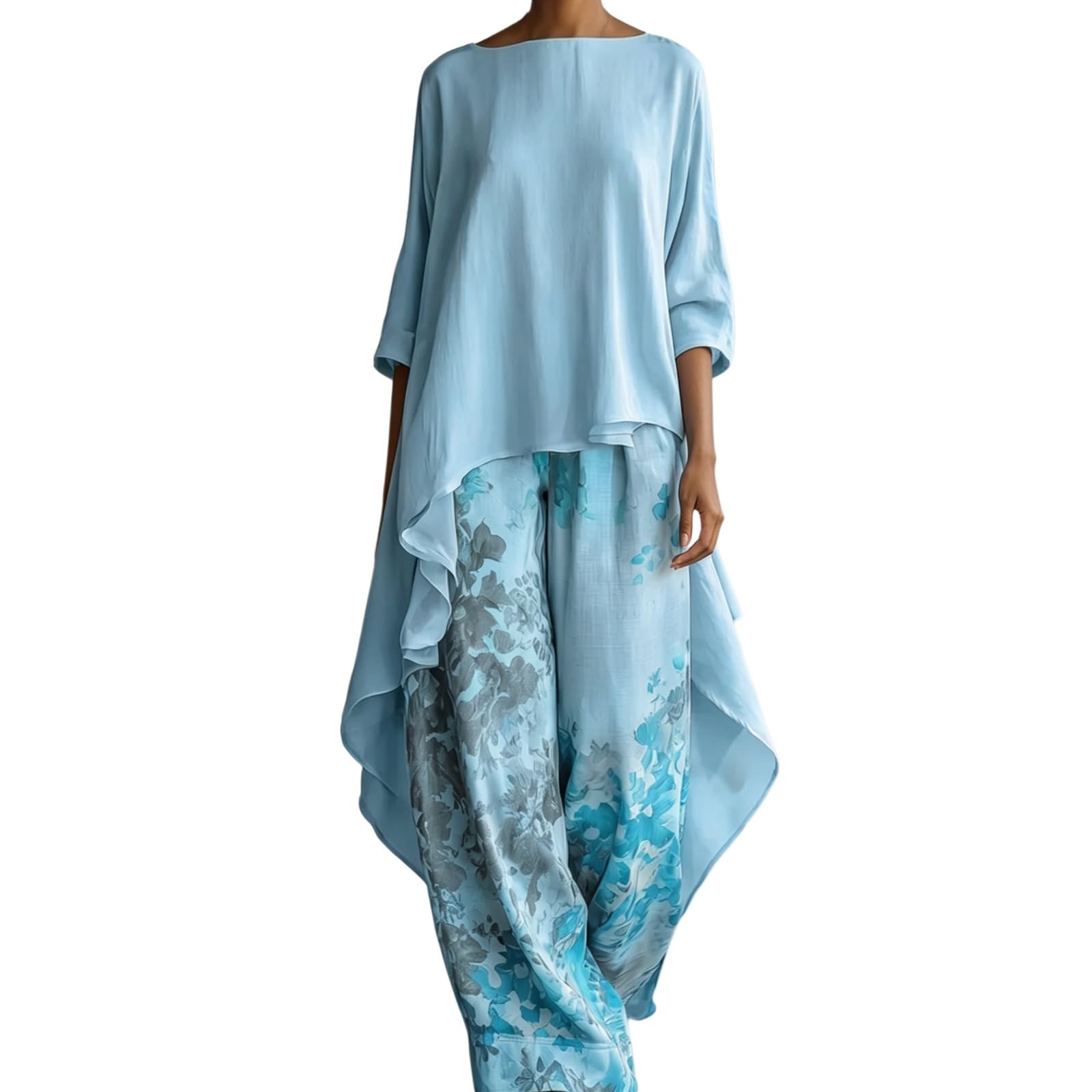 Genérico Conjunto de túnica asimétrica y pantalones de pierna ancha – Color liso, manga larga y dobladillo irregular – Conjunto de dos piezas