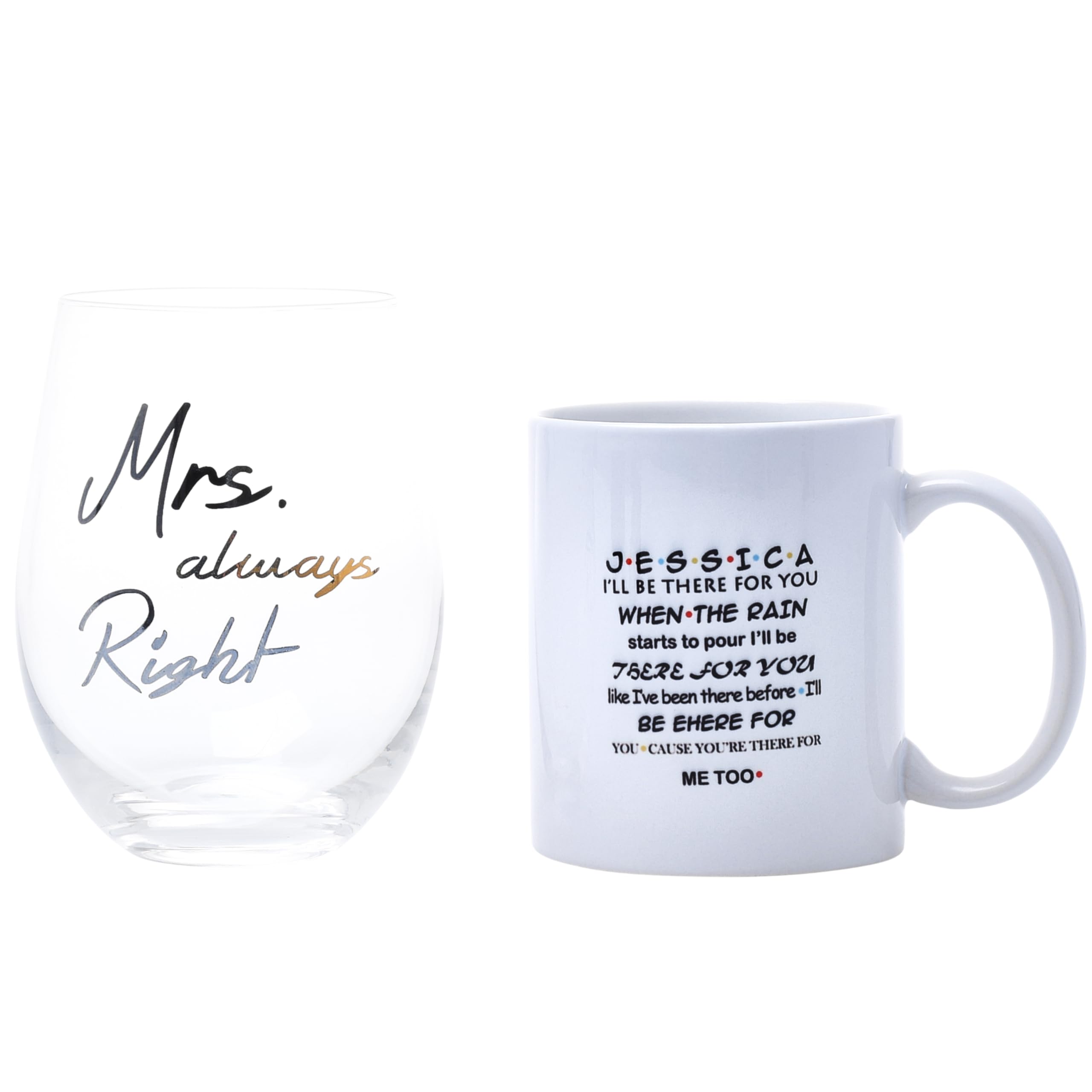 Glass and Mug for Girl Named Jessica - Mrs Always Right - Set of 2 for Drinks, Breakfast, Brunch - Gift to Support a Friend - Perfect for Valentine's Day - Valentine's Gift for Jessica