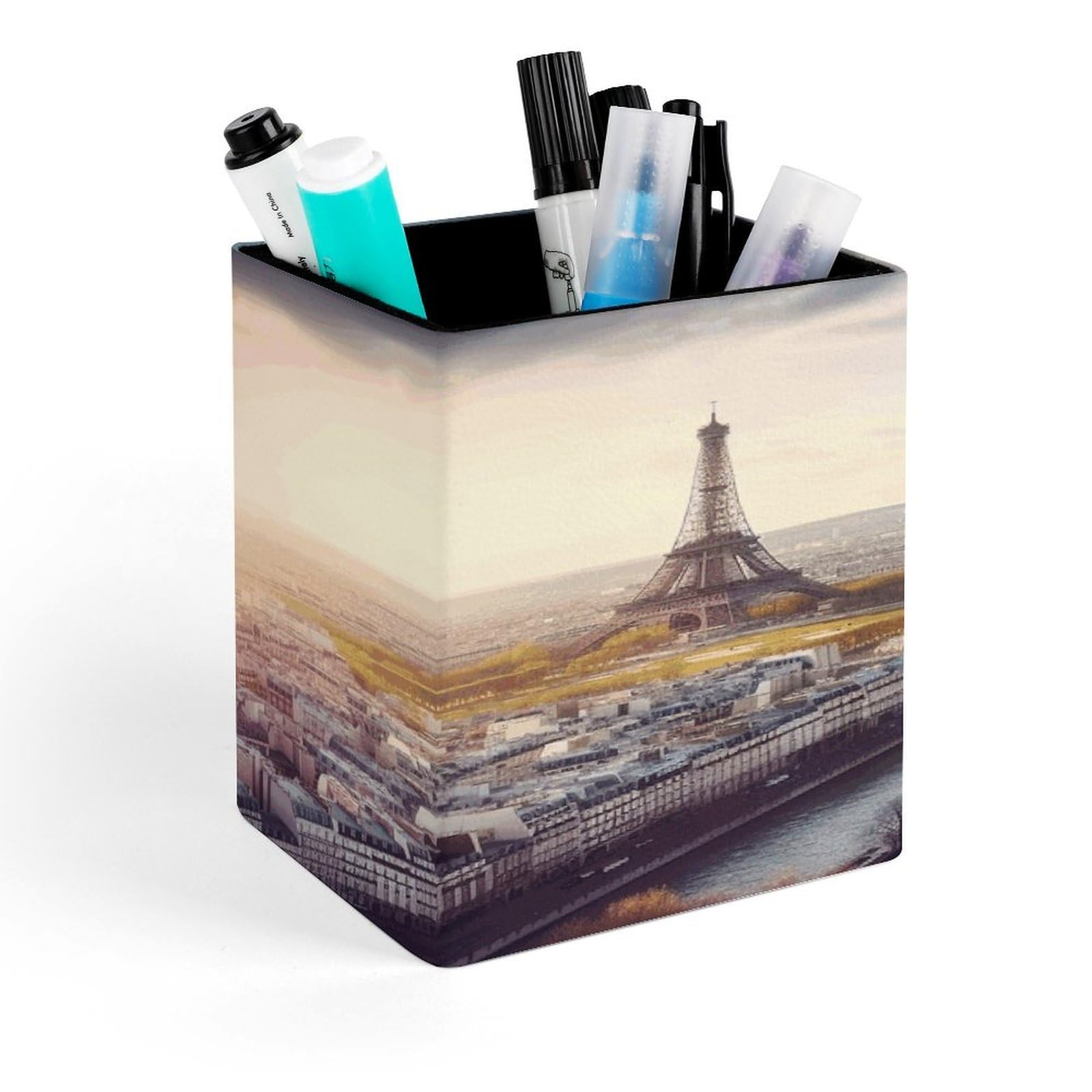 LZQPOEAS Aerial View of Paris Cityscape Square Pen Pencil Holder PU Leather Pencil Cup Desktop Stationery Organizer Office Accessories Container