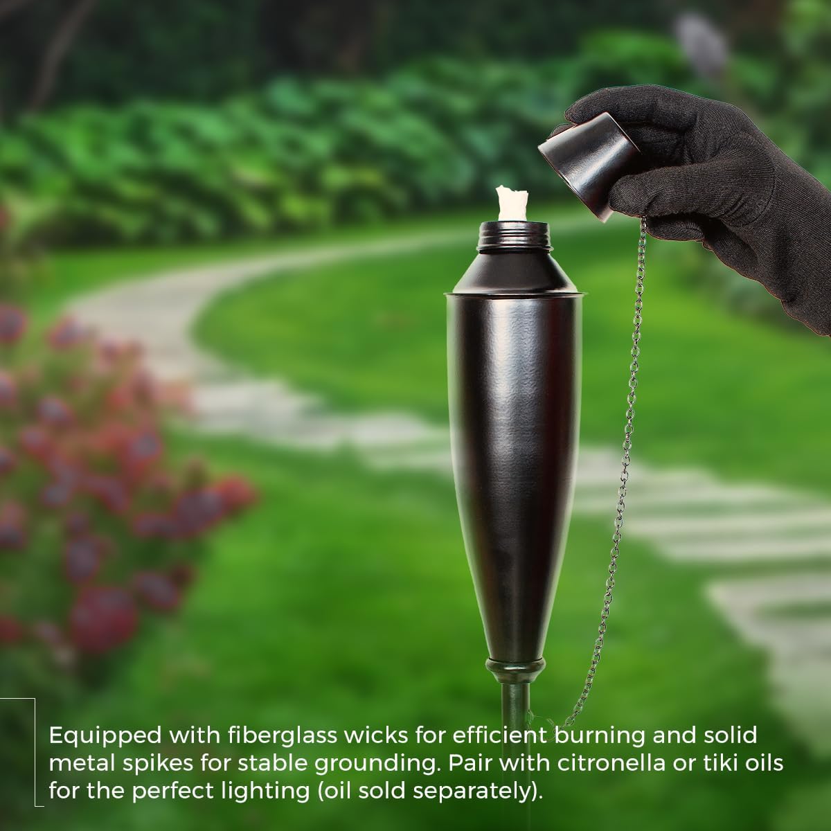 Deco Window Garden Torch for Outside | Metal Citronella Oil Lamps for Outdoor Use | Patio Lanterns | Ligniting Torch for Backyard & Landscape, Black, 60" (Set of 8)