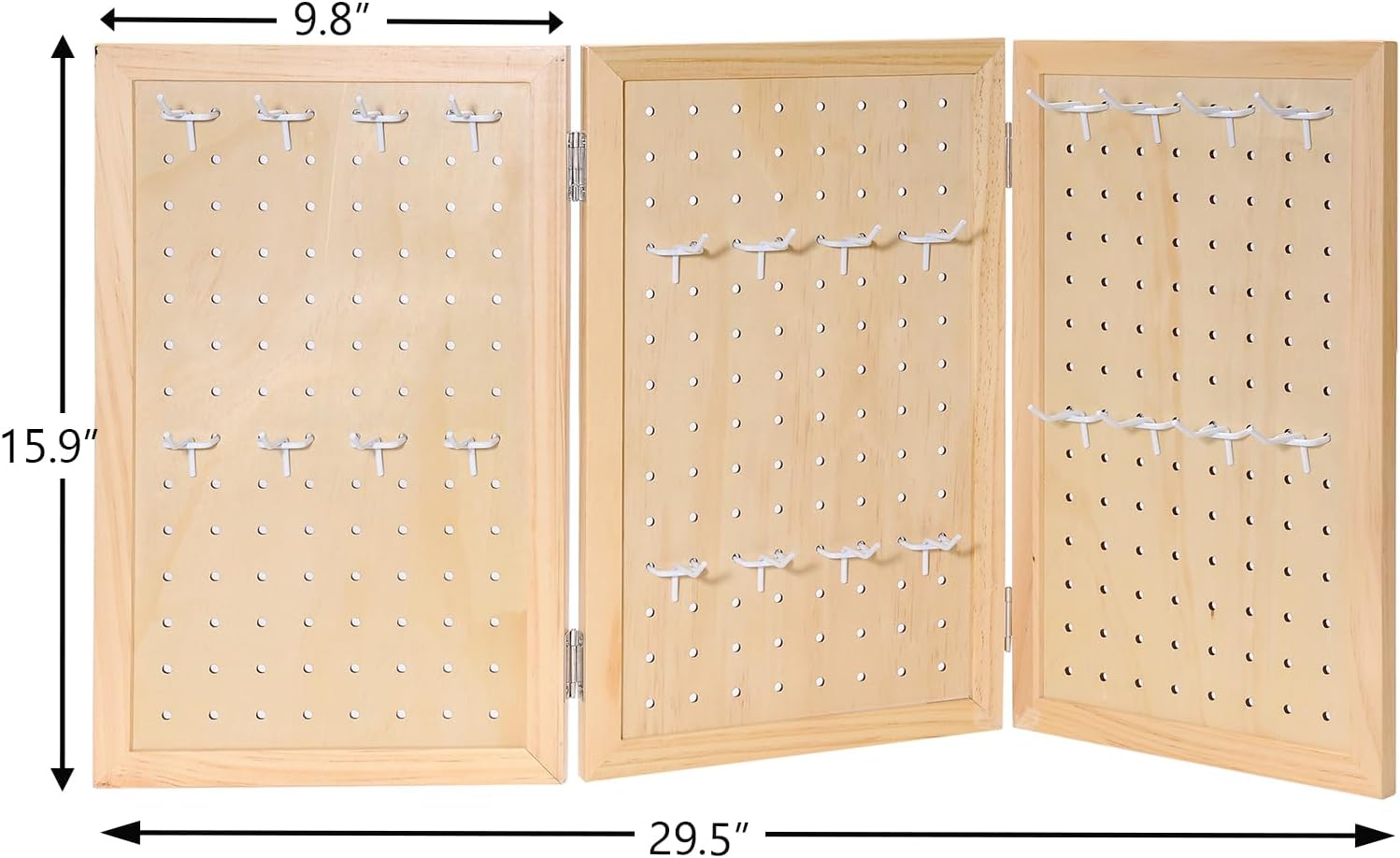 Wooden Foldable and Portable 3-Panel Pegboard Jewelry Display Organizer with 24 Removable White Metal Hooks for Bracelets, Earrings and Keychains, Versatile Countertop Rack for Store