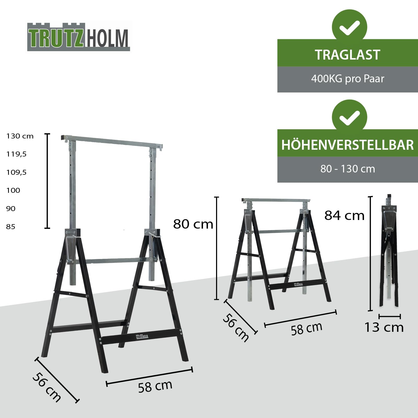 2 x Arbeitsbock 7-fach höhenverstellbar 80-130 cm bis 400 kg Stahl verzinkt lackiert schwarz grau Klappbock Gerüstbock Unterstellbock