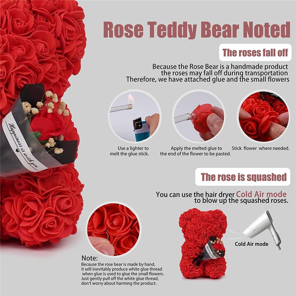 Ours en Fleurs Artificiel avec Bouquet de Roses, idéal pour Femmes, amies, Filles, Mamans et Grands-mères (Rouge)