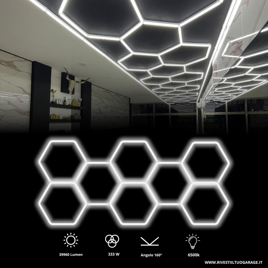 ILLUMINAZIONE LED NIDO D'APE ESAGONALE GARAGE CARROZZERIA BARBER SHOP ROMBO TATOO STUDIO DETAILING GOMMISTA AUTOLAVAGGIO LUCIDATURA (4,75x2,08 M)