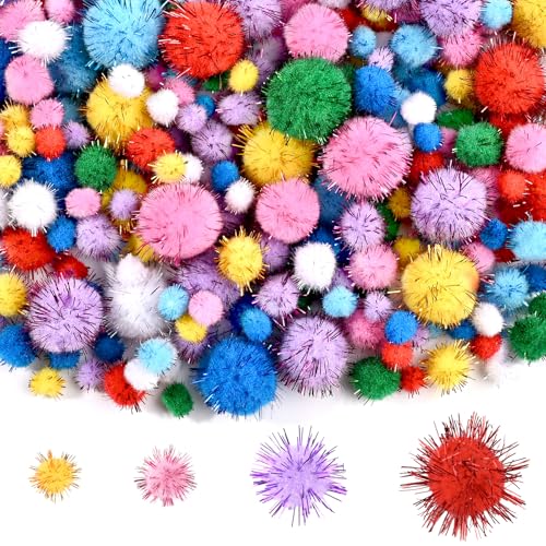NACHLYNN Lot de 1 000 pompons à paillettes en vrac, 4 tailles assorties, multicolores, doux et moelleux, pour travaux manuels, décoration, activités avec...