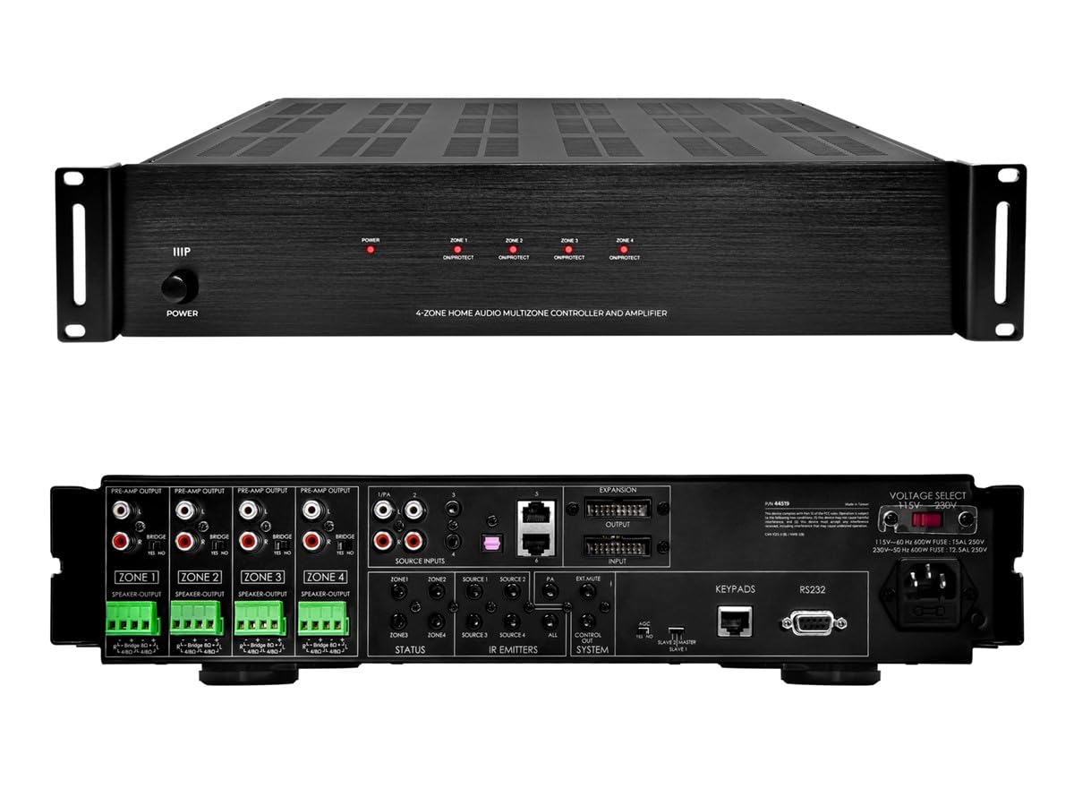 Monoprice 4-Zone Home Audio Multizone Controller and Amplifier Kit with Bluetooth Receiver, Built-in IR Receiver & IR Remote Controller, RCA, Auxiliary, and TOSLINK Inputs