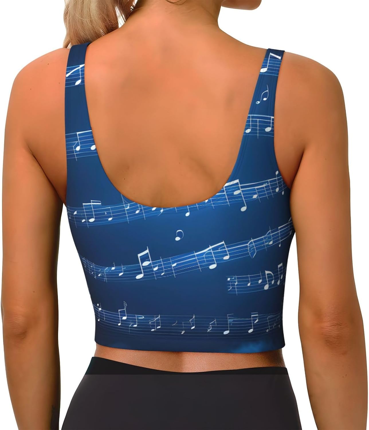 Blue Musical Notes Print Women's Strappy Sports Bra, Stretch Gym Bras U Neck Yoga Tops, Comfort Seamless Bra