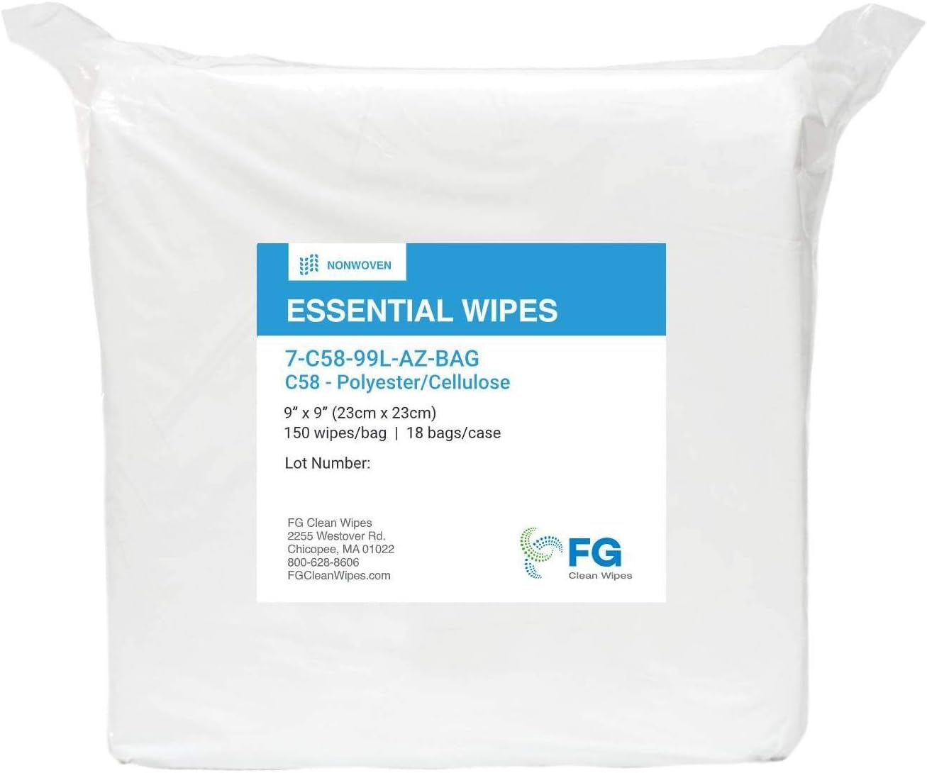 C58 Nonwoven Polyester/Cellulose Lint-Free Industrial Wipers for Critical, Precision and Final Cleaning-1 Bag - 300 9" x 9" Wipers/Bag