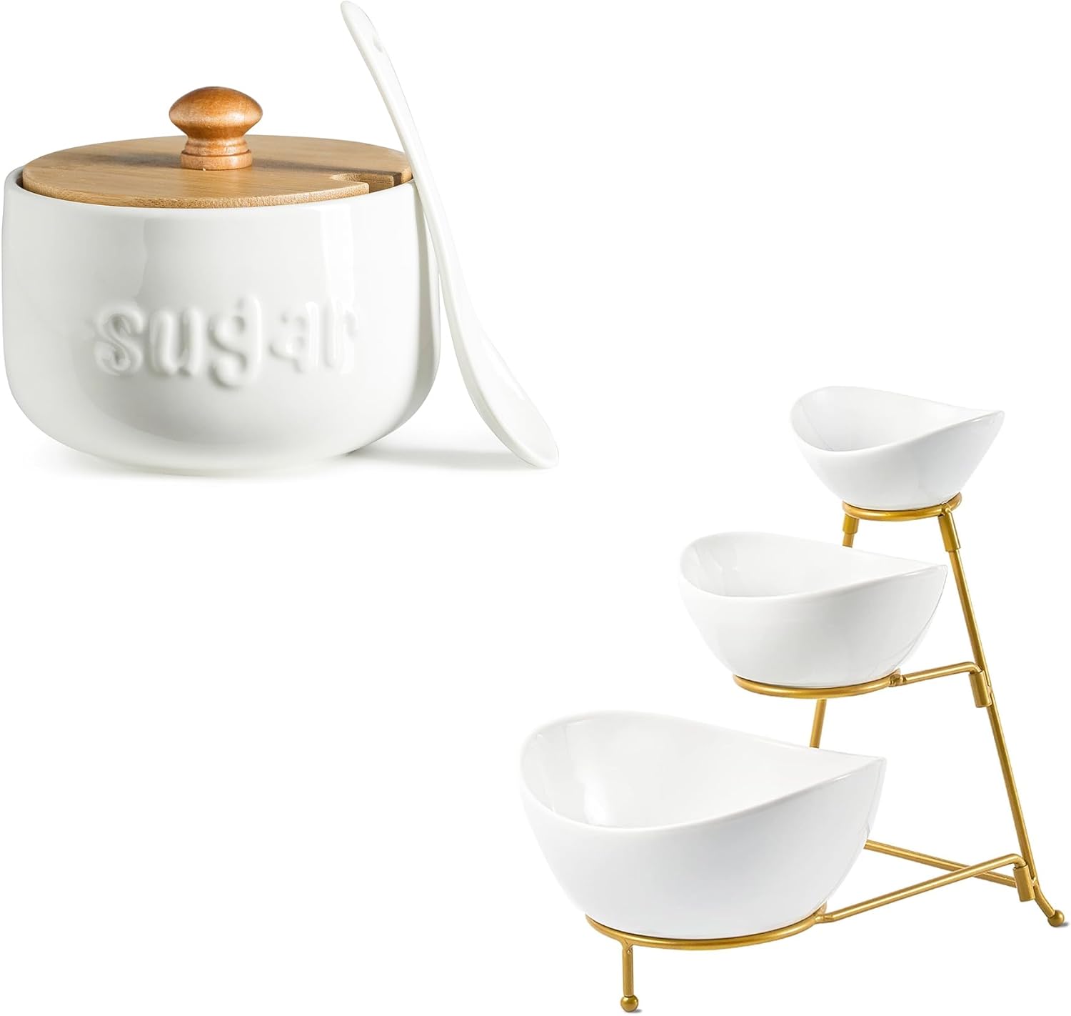 LYEOBOH Sugar Bowl with Lid and Spoon and 3 Tier Serving Bowls Set Tiered Serving Stand