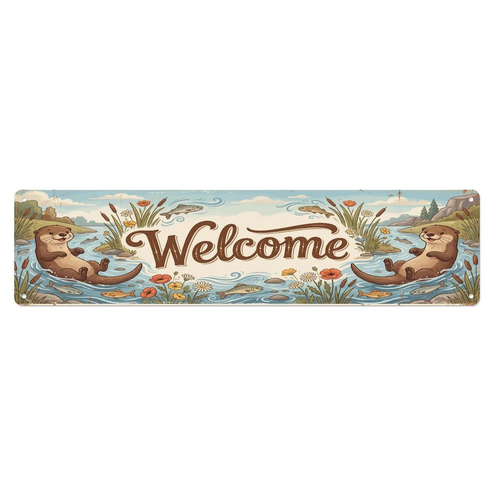 Olhnbad 4X16inch(10X40cm) Vintage Welcome Otter River Metal Tin Sign