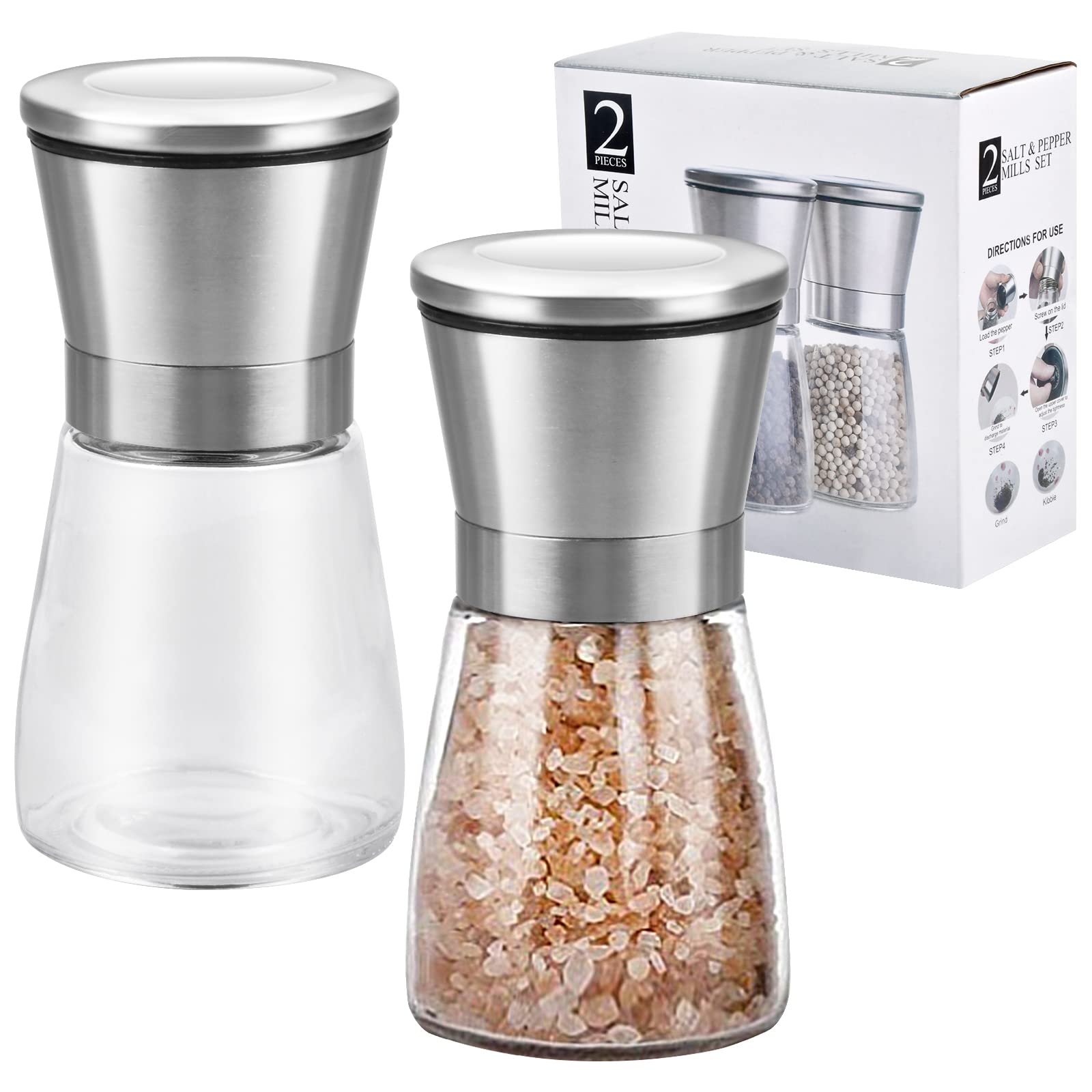 Kit 2 Moedor de Pimenta e Sal em Vidro e Aço Inox | Moedores de Temperos Sal Grosso