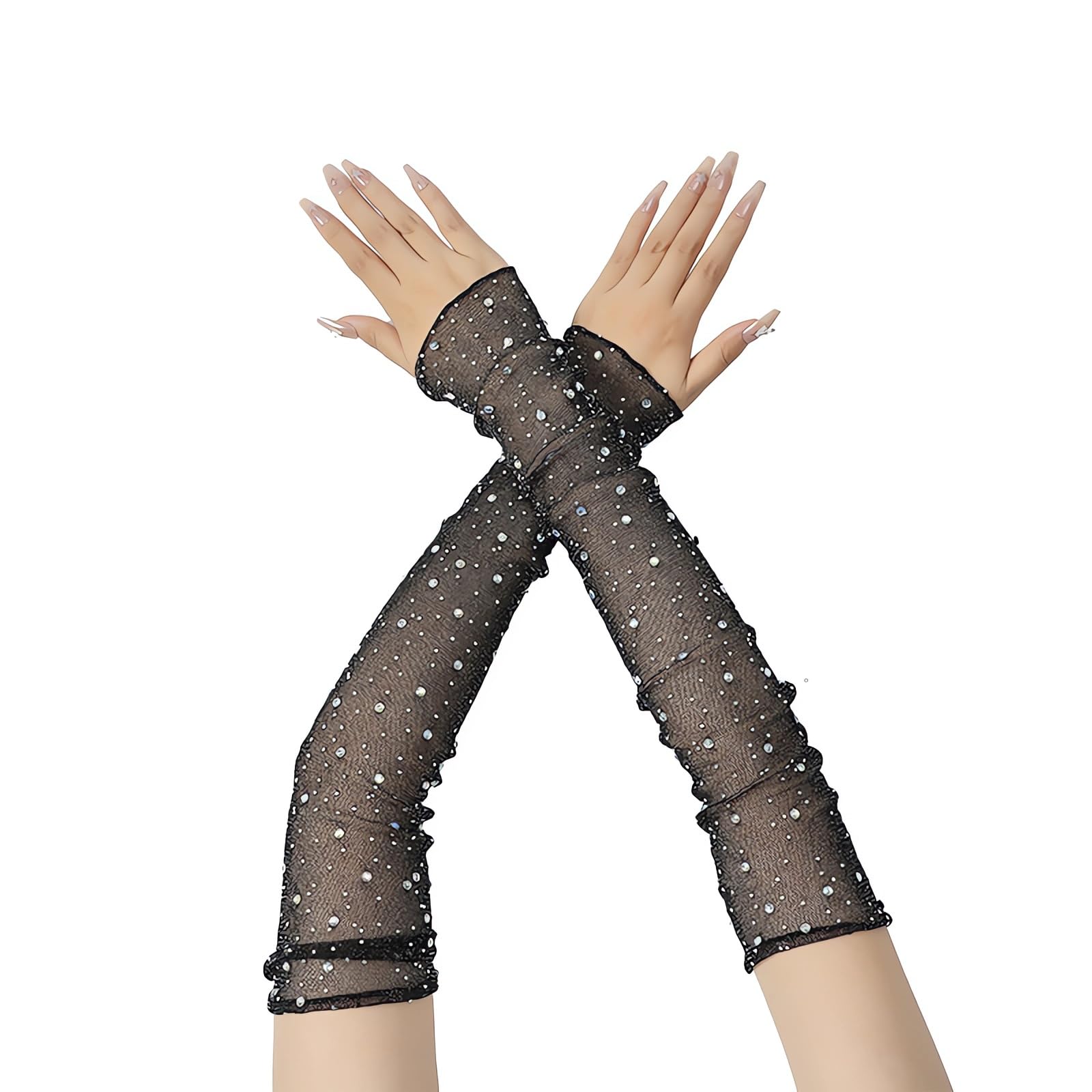 Ruichy Women's Black Long Rhinestone Gloves, Mesh Sparkly Glitter Fingerless Opera Glove, Bling Elbow Length Evening Party Gloves For Halloween Wedding Prom, Sheer Crystal Sleeves Long Arm Sleeves Driving Accessory