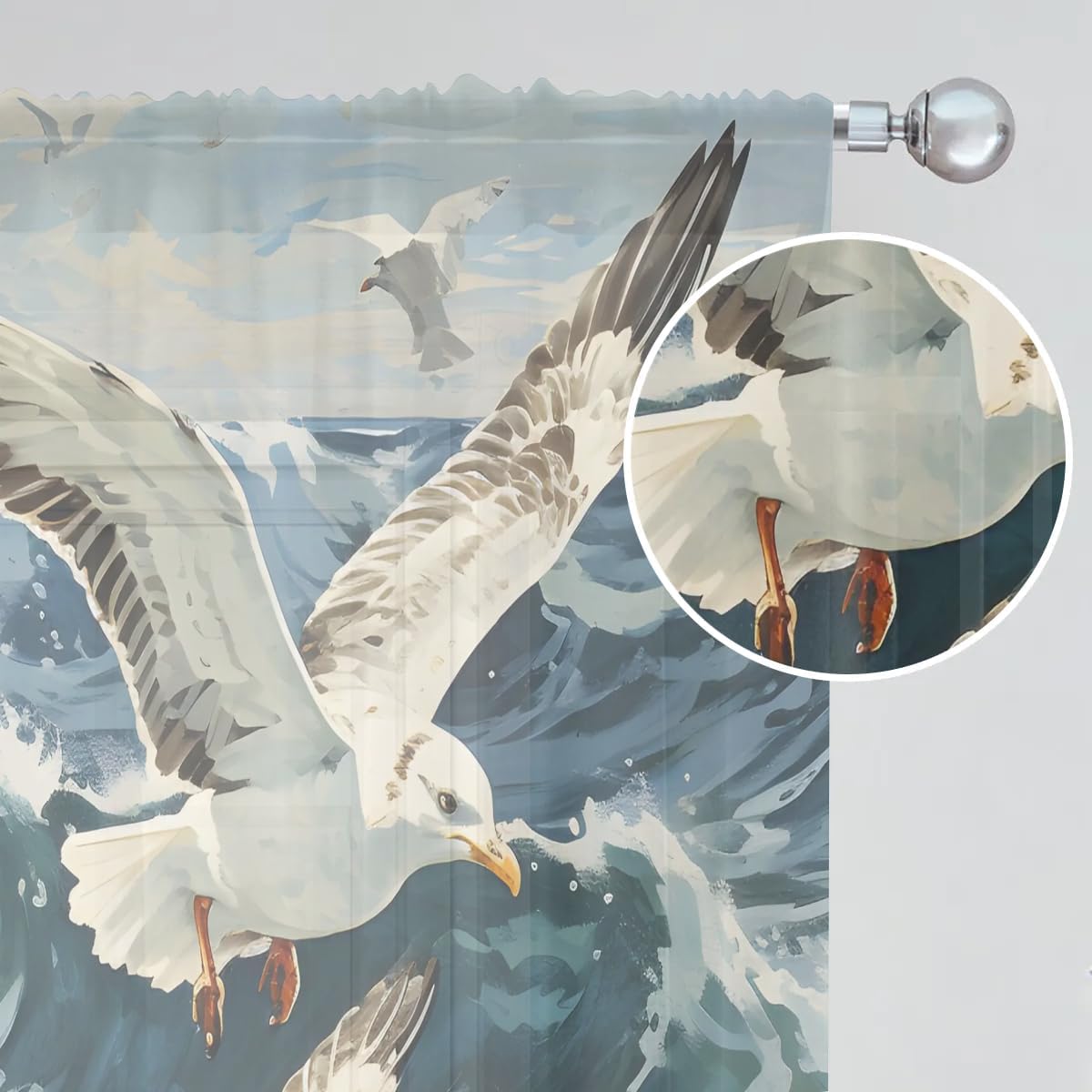 Flying Seagulls Sheer Curtains 63 inch Long 2 Panels Set Home Decoration Rod Pocket Voile Short Sheer Drapes Window Curtain for Bedroom Living Room, W52 x L63