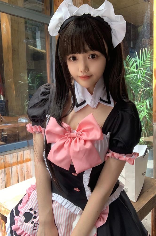 Black Pink Maid Dress Women Lolita Maid Outfit Top Skirt Set Anime Cosplay Costume for Halloween