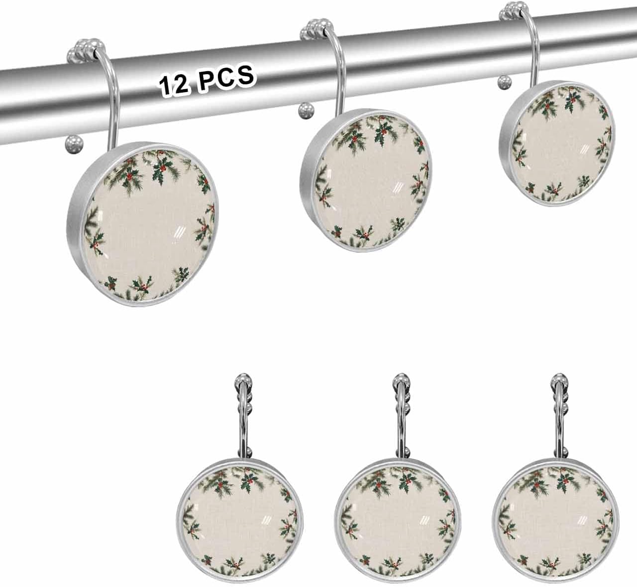 Shower Curtain Hooks 12 Pcs Christmas Winter Pine Needle Plants Berries Linen Pattern Stainless Steel Rust Proof Rolling Shower Curtain Rings, Decorative Shower Curtain Hooks Hangers for Bathroom