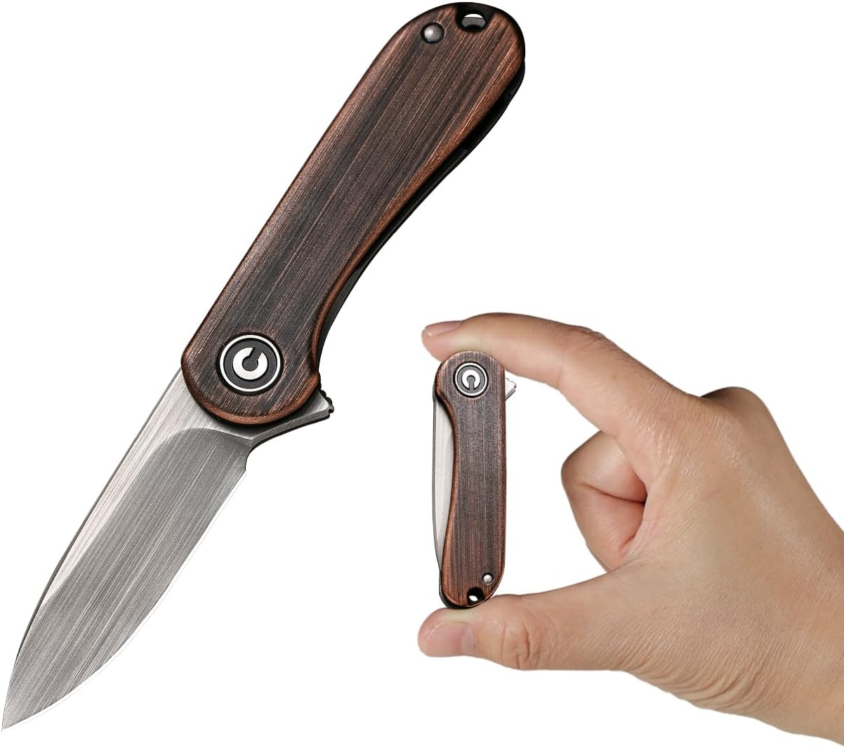Mini Elementum Flipper Pocket Knife, Small folding Knife with 1.83" 14C28N Blade, Copper and Stainless Steel Handle C18062Q-2