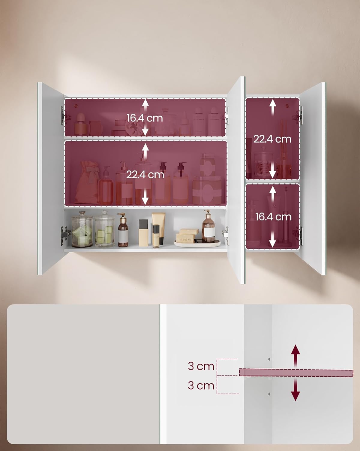 Diagram showing internal compartment dimensions and adjustable shelf positions within the VASAGLE BBK032W01 Bathroom Wall Cabinet.