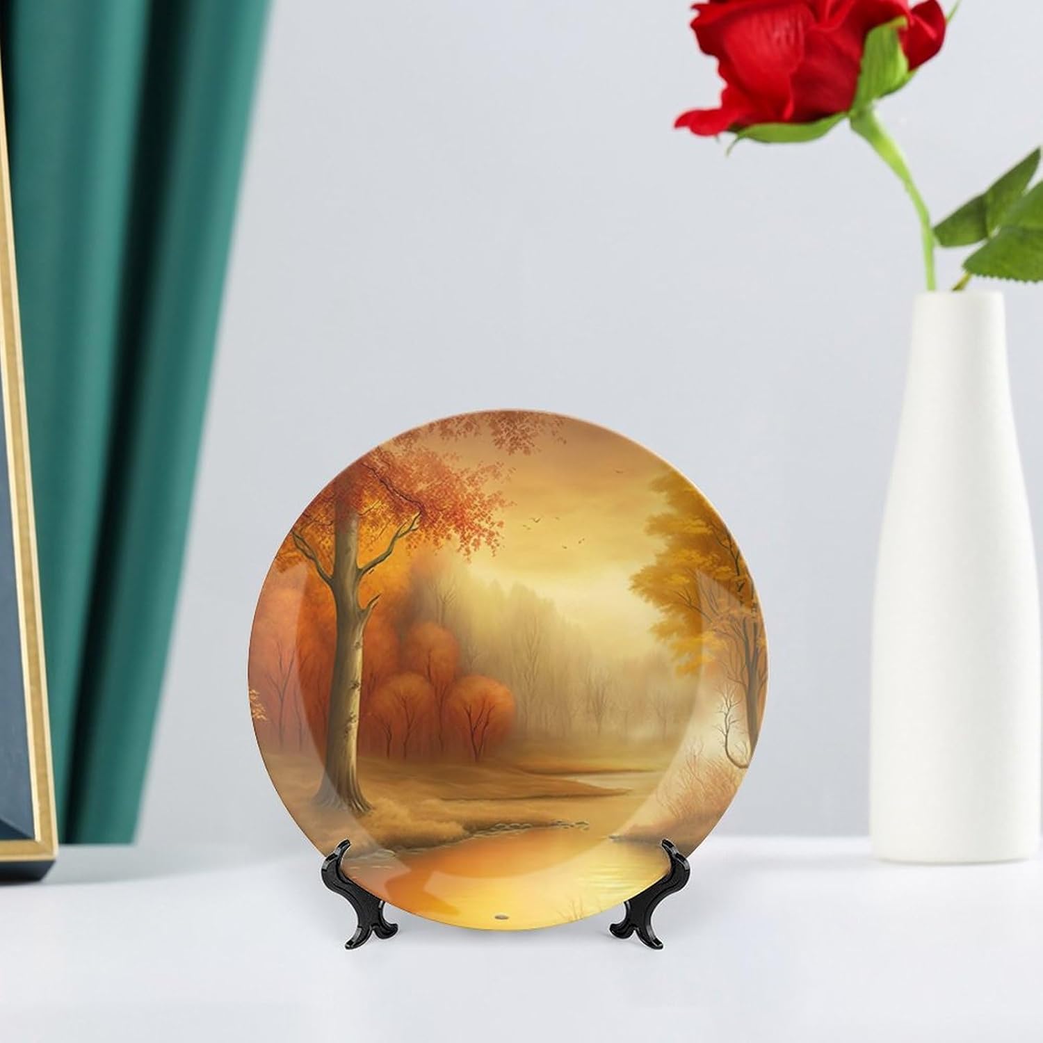 Autumn Decorative Plates, Fall Season Forest Maple Tree & River Painting Display Plate for Home Wall Office Kitchen Table Decor Porcelain Plates 6 Inch, Thanksgiving Gifts