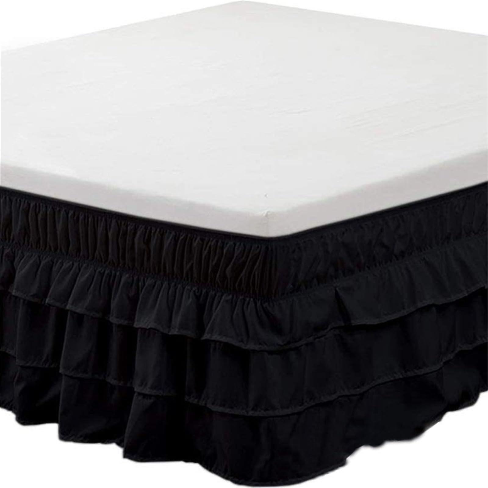 Ruffled Bedspread Three Layers Wrap Around Elastic Solid Bed Skirt Band Without Sheet(Black,QUEEN 150x200cm)