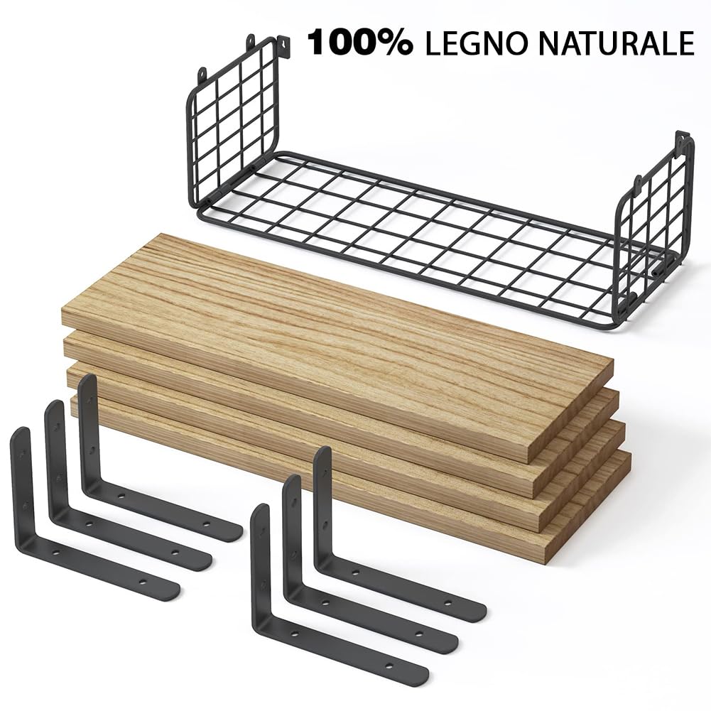 BAKAJI Set 4+1 Mensole da Parete in Legno Massiccio, Scaffali a Muro Multiuso, Staffe e Cestino in Metallo, Scaffalatura per Camera da Letto, Soggiorno, Cucina, Bagno, Libreria, Salvaspazio (Quercia)
