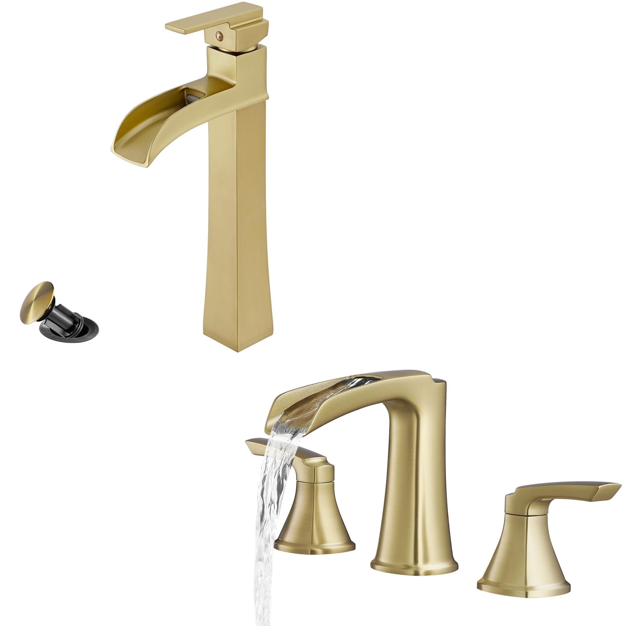 Hcfyauis Gold Brass Vessel Sink Faucets Brushed Tall Bathroom Faucet, 1 Hole Bathroom Sink Faucet Waterfall Farmhouse Single Faucet Bathroom Sink Waterfall Tub Faucet Brushed Bathtub Faucet Set, 3 H