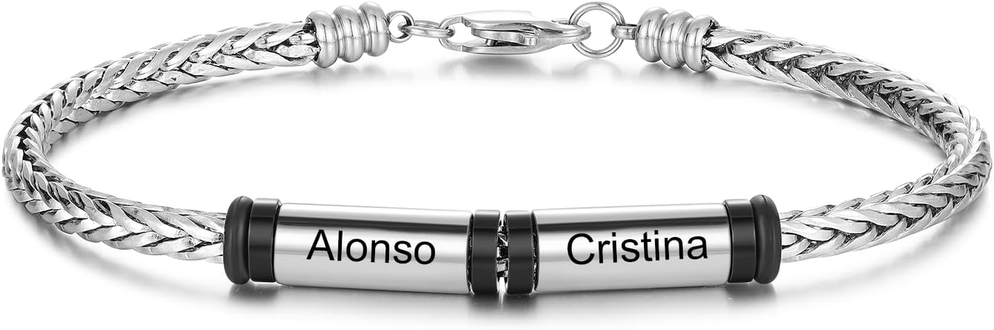 Silver Bracelet for Men: Custom Bracelet with Engraved Text, Personalized with Kids or Loved Ones Names - Gift for Him, Dad, Boyfriend
