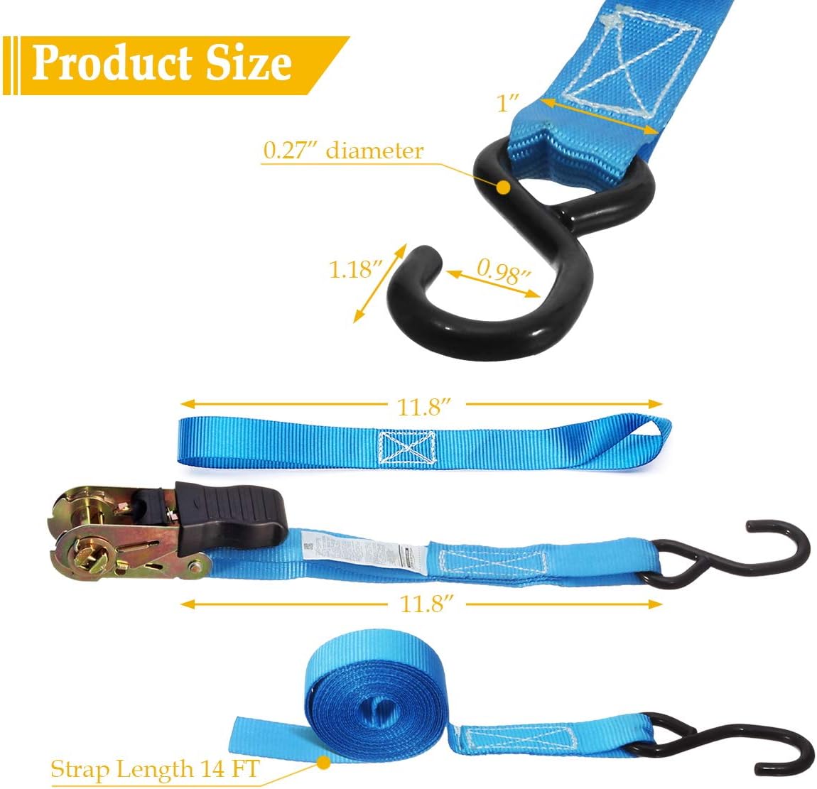Premium Ratchet Tie Down Straps Anchoring Cambuckle - 15 FT 1500 Lbs Breaking Strength 500 Load Capacity w/ 4 Soft Loops for Tightening Appliances Cargo Motorcycle Truck Kayak etc.
