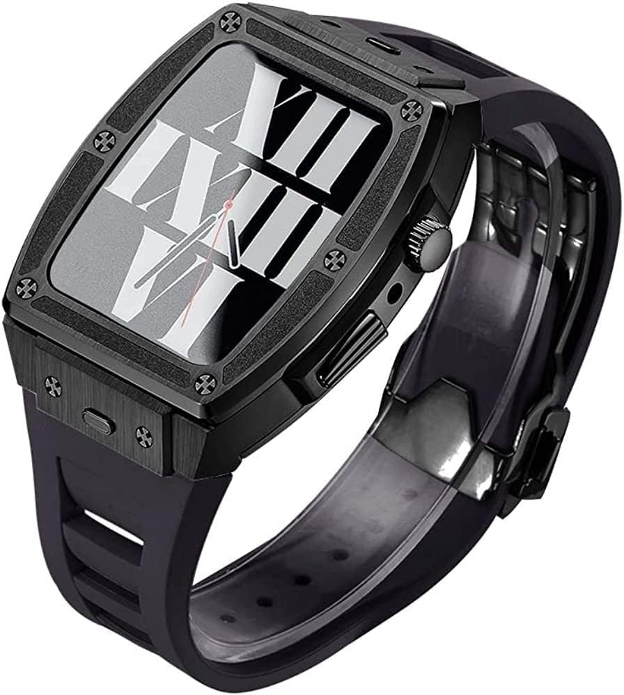Luxury Stainless Steel Case Rubber Strap Mod Kit for Apple Watch 45mm 8 7, Men Retrokit Premium Metal Case Fluororubber Band for Iwatch 44mm 6 5 4 SE Accessories