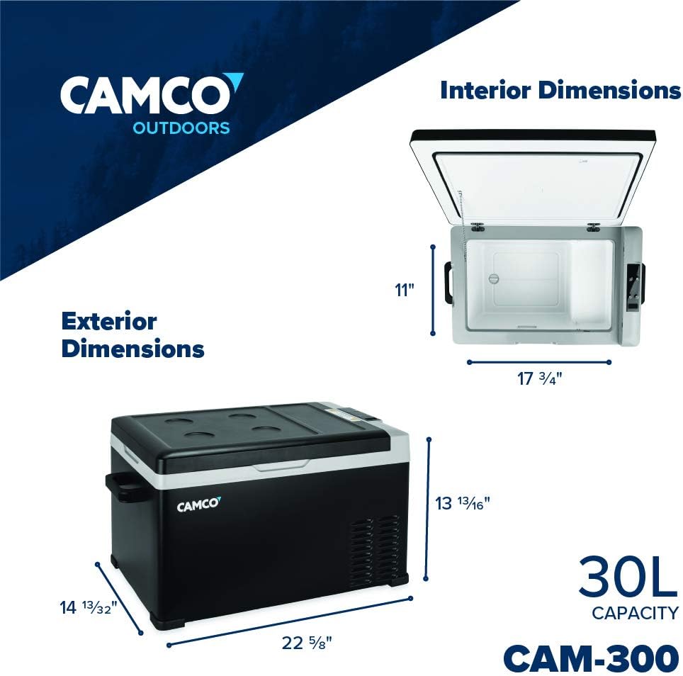 Camco CAM-300 AC 110V DC 12V 30 Liter Portable Compact Refrigerator w/Single Zone Cooling/Freezing and Vehicle Outlet Cables for Camping & Road Trips