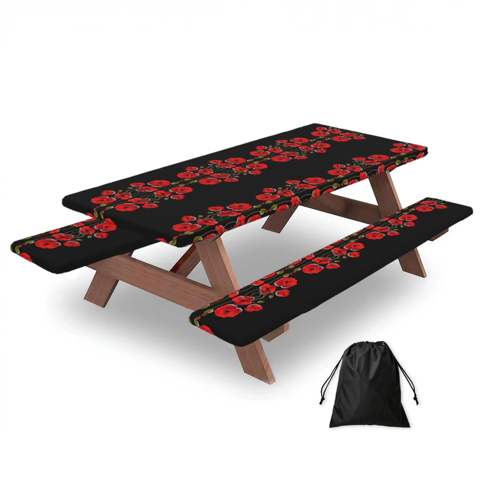 EZDLOWVBA Poppy Flowers Vivid Petals Print Picnic Table Cover With Bench Covers Waterproof Fitted Picnic Table Outdoor Elastic Picnic Tablecloth Outdoor Camping Essentials(3pcs)