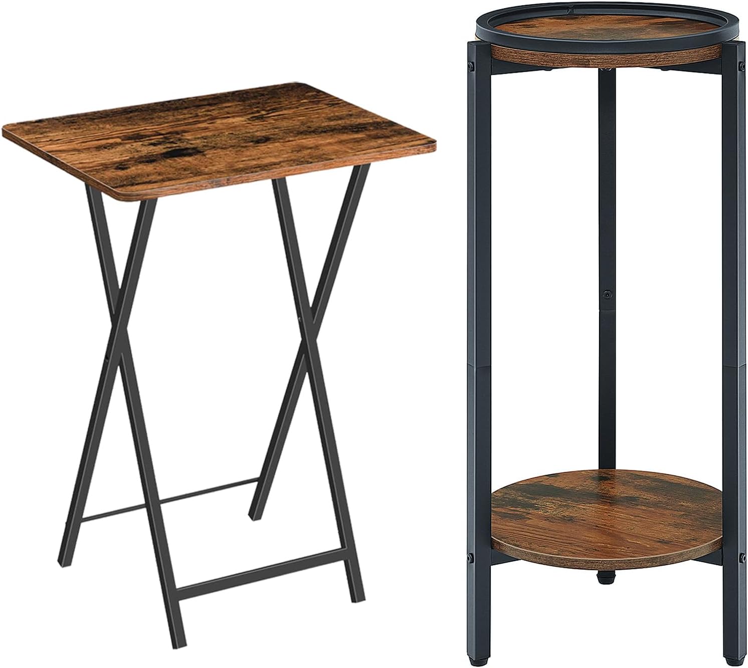 HOOBRO Folding TV Table and Tall Round Side Table Bundle, Stable Snack Drink Table for Small Space, BF15BZ01-BF167BZ01