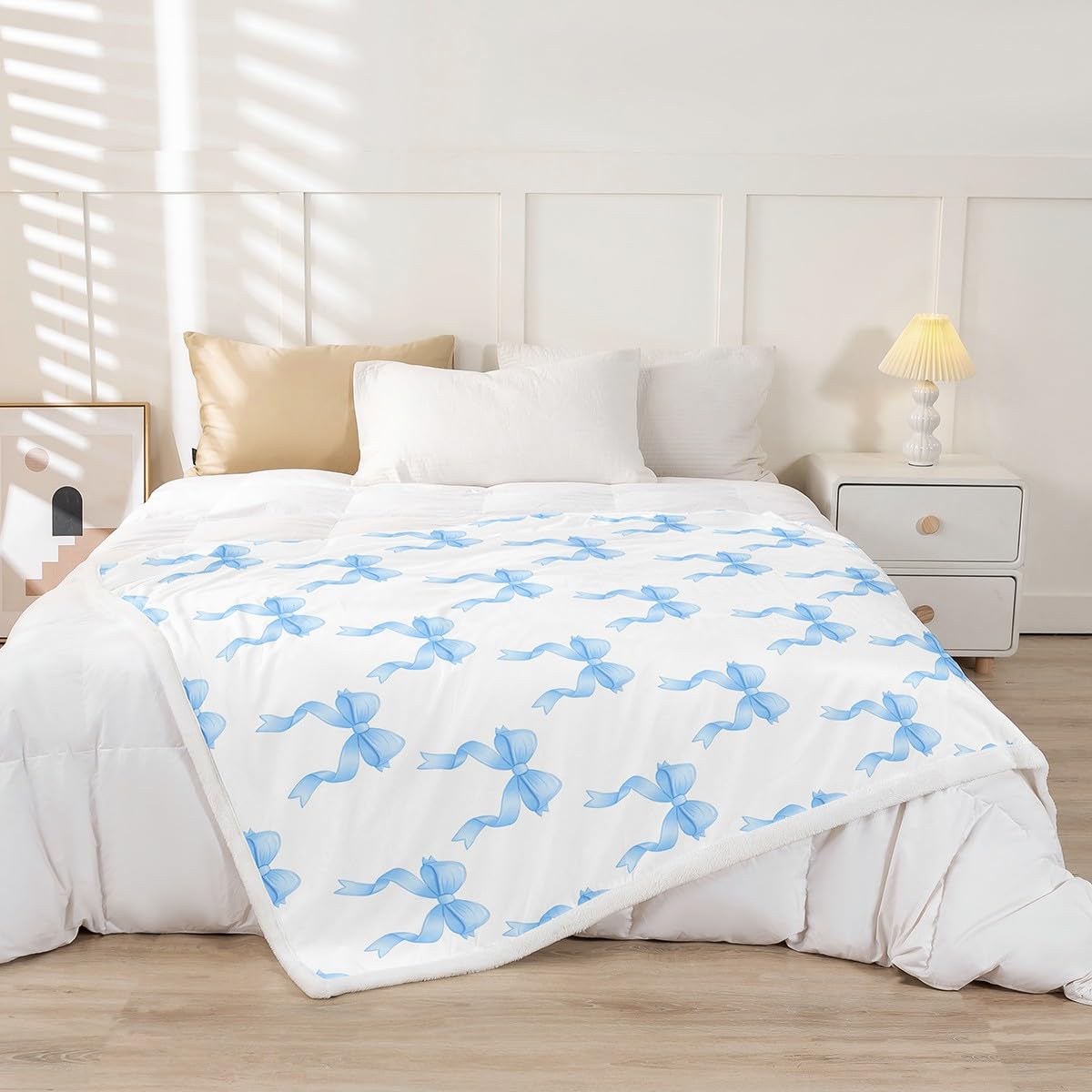 Loussiesd Dziecięca niebieska kokardka szerpa koc pluszowy puszysty królowa 228 x 229 cm, marzycielska księżniczka polarowy koc narzuta dla chłopców dziewcząt dekoracja pokoju urocza kokarda kawaii