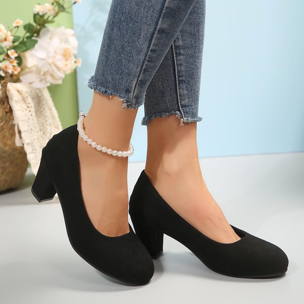 Tacones altos casuales con correa cruzada para mujer, tacones de bloque medio Mary Jane con correa al tobillo, zapatos de corte para mujer, zapatos de trabajo de apoyo cómodo, negro, 40 EU