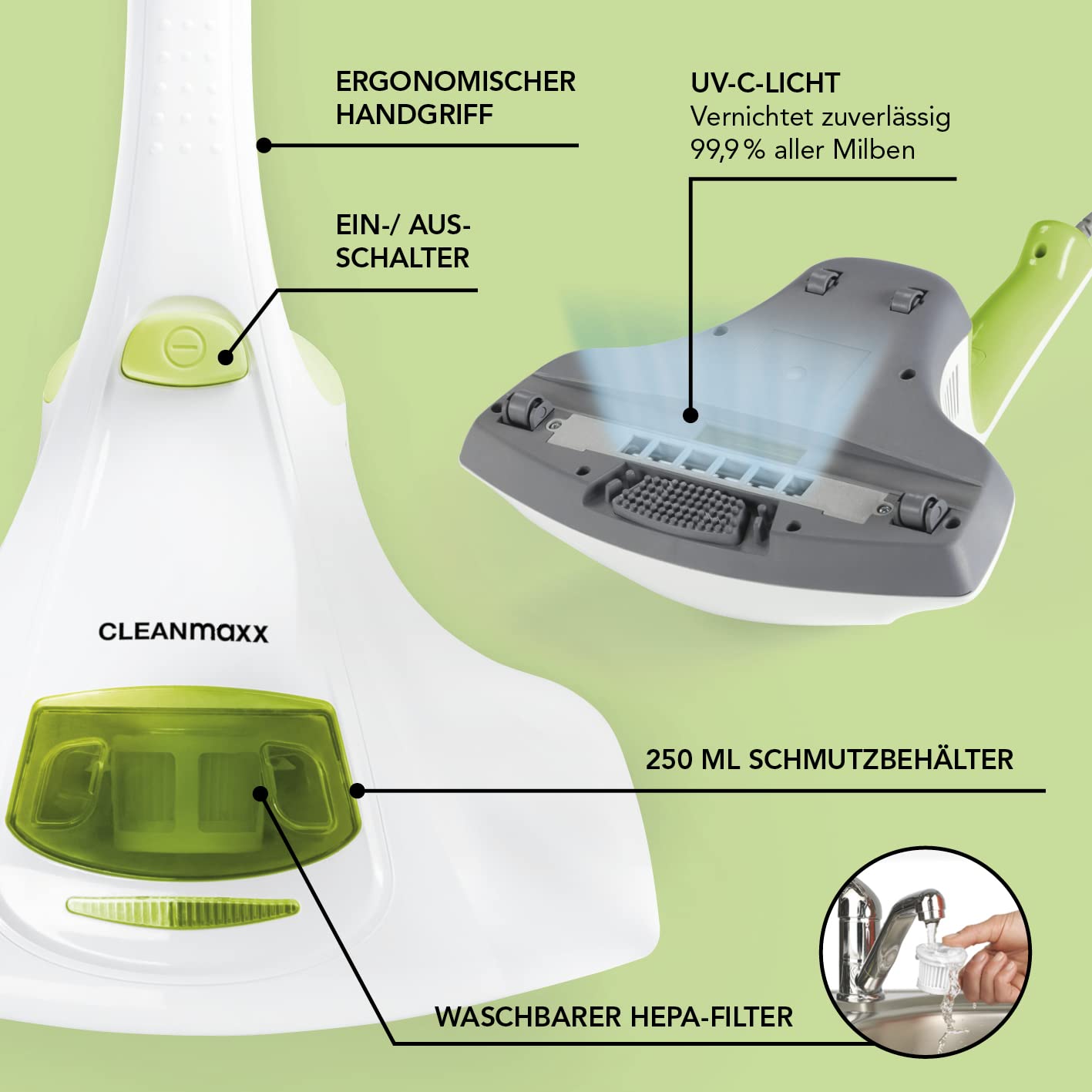 CLEANmaxx Aspirateur Anti-Acariens UV-C avec Filtre EPA-11
