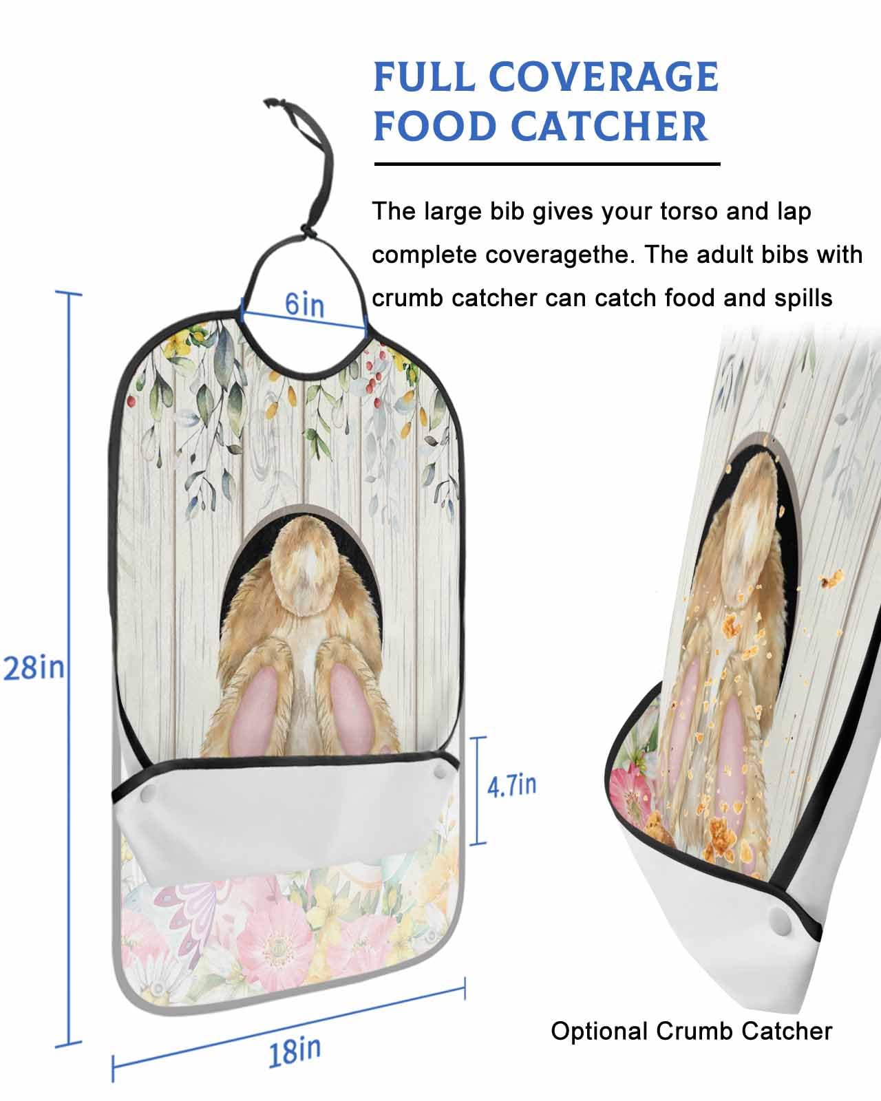 Easter Bunny Butt, Adult Bib for Adults Men, Women, Flower Eucalyptus Leaves Woodgrain Washable & Adjustable Terry Cloth Bib with Crumb Catcher Reusable Waterproof Clothing Clothes Protector Apron