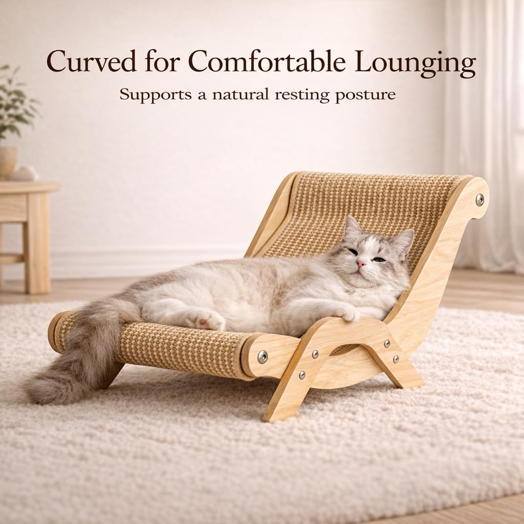 2-in-1 Cat Scratcher Lounge Chair, Wooden Hammock Bed with Woven Scratching Surface, Modern Cat Furniture for Indoor Cats